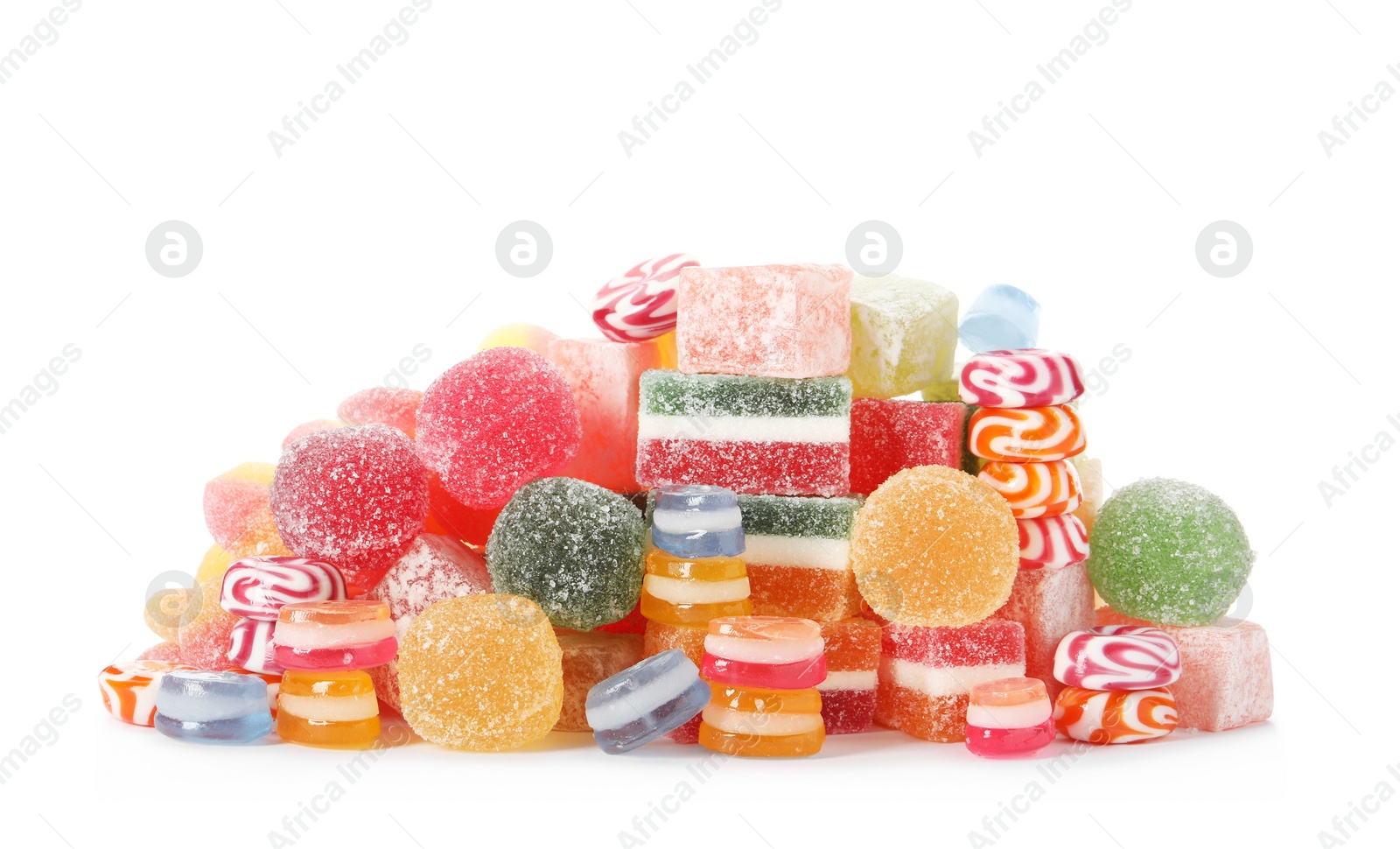 Photo of Pile of different tasty sweets on white background