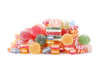 Pile of different tasty sweets on white background