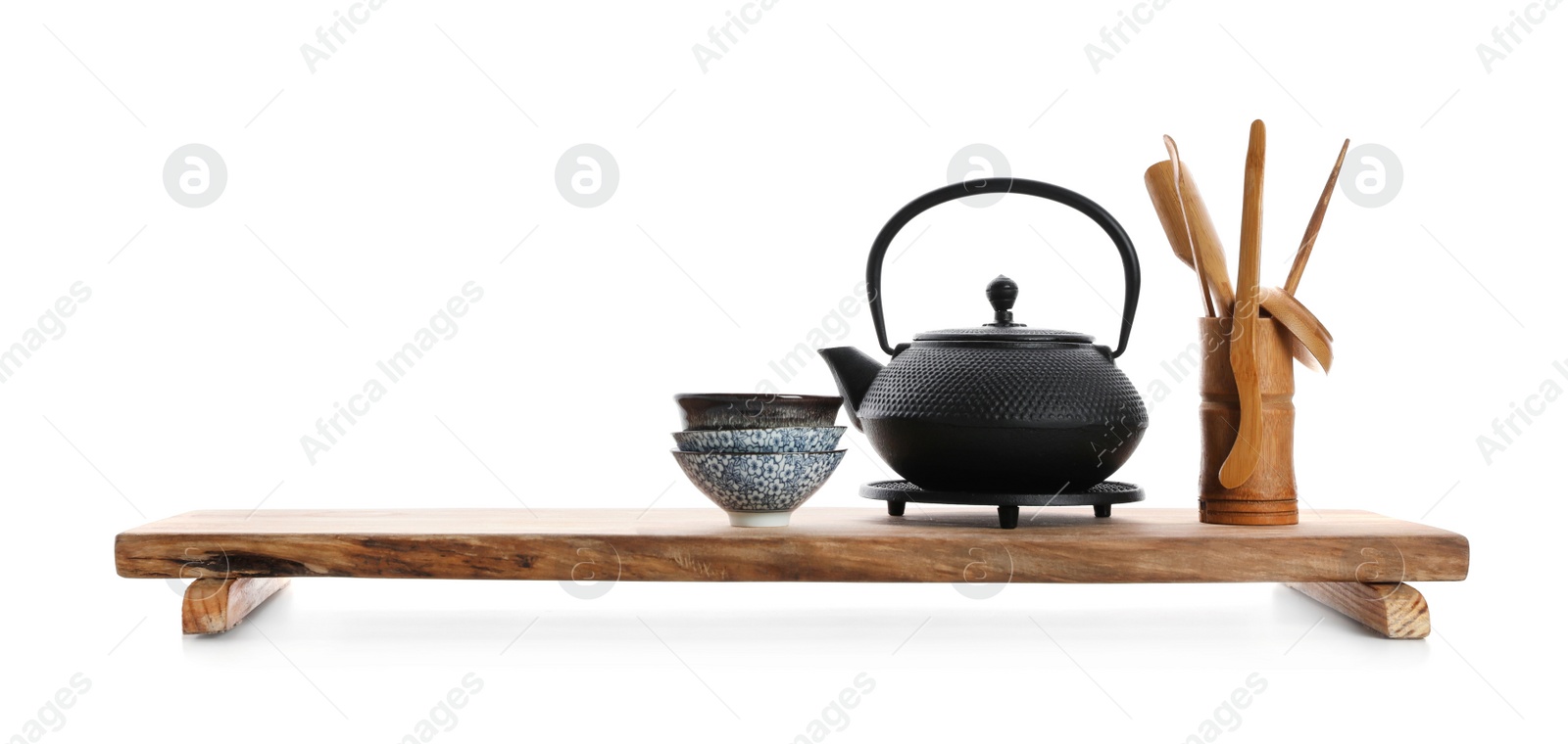 Photo of Beautiful set for traditional tea ceremony on white background