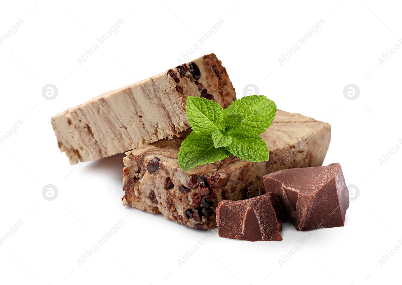 Image of Tasty halva, pieces of chocolate and mint isolated on white