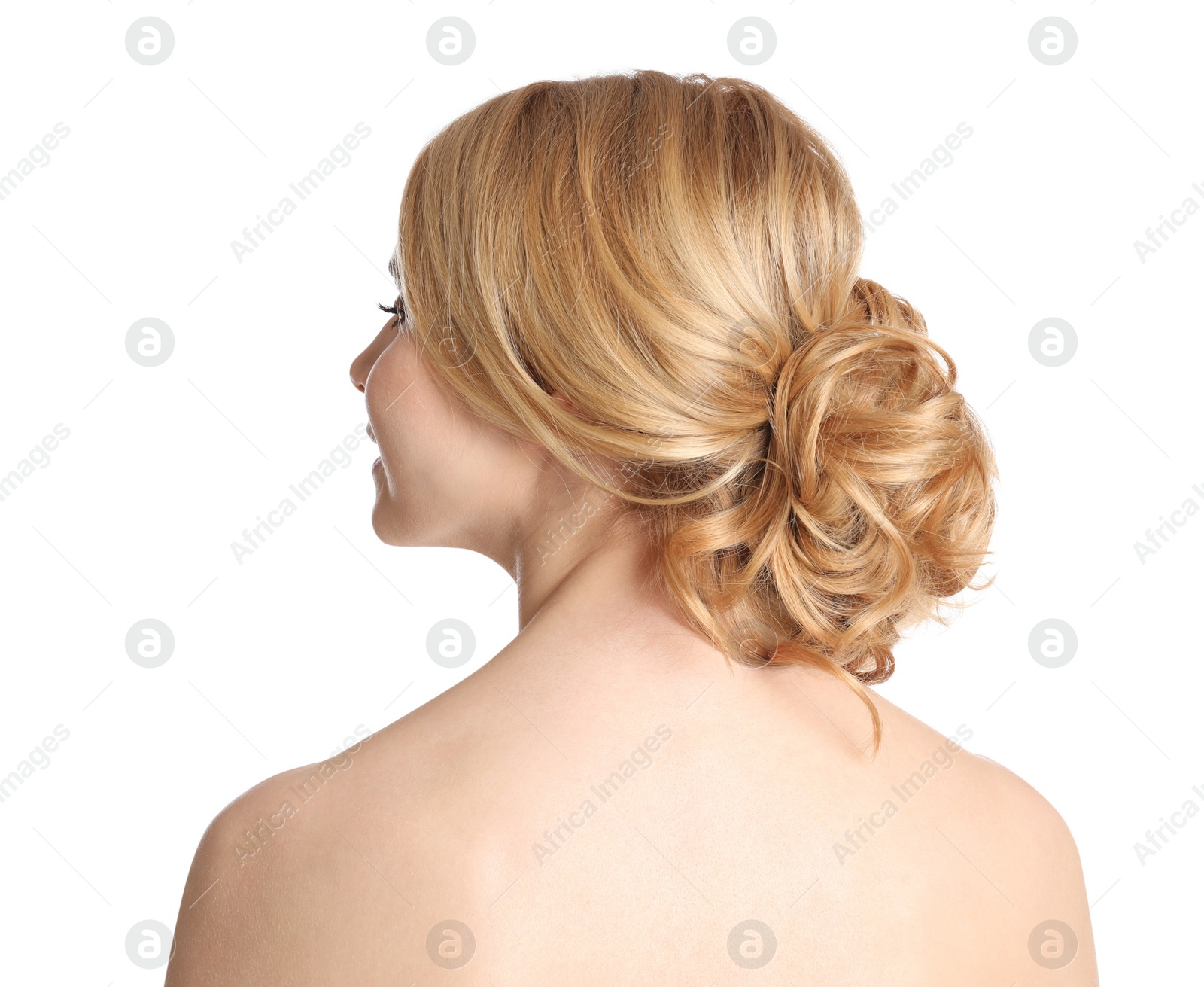 Photo of Beautiful woman with healthy blonde hair on white background