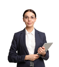 Young businesswoman with tablet on white background