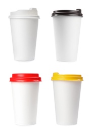 Image of Set with different paper coffee cups on white background 