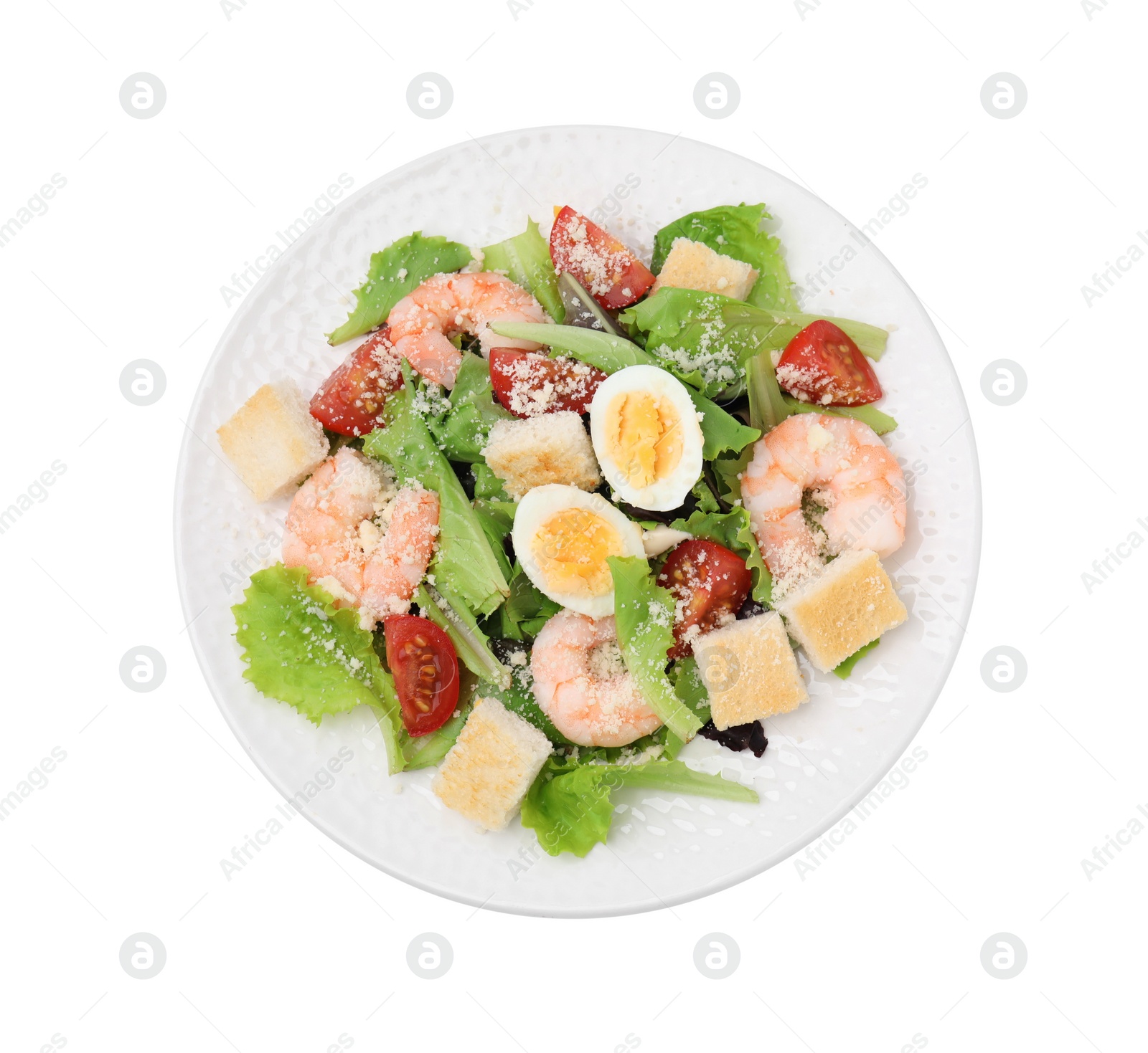 Photo of Delicious Caesar salad with shrimps isolated on white, top view