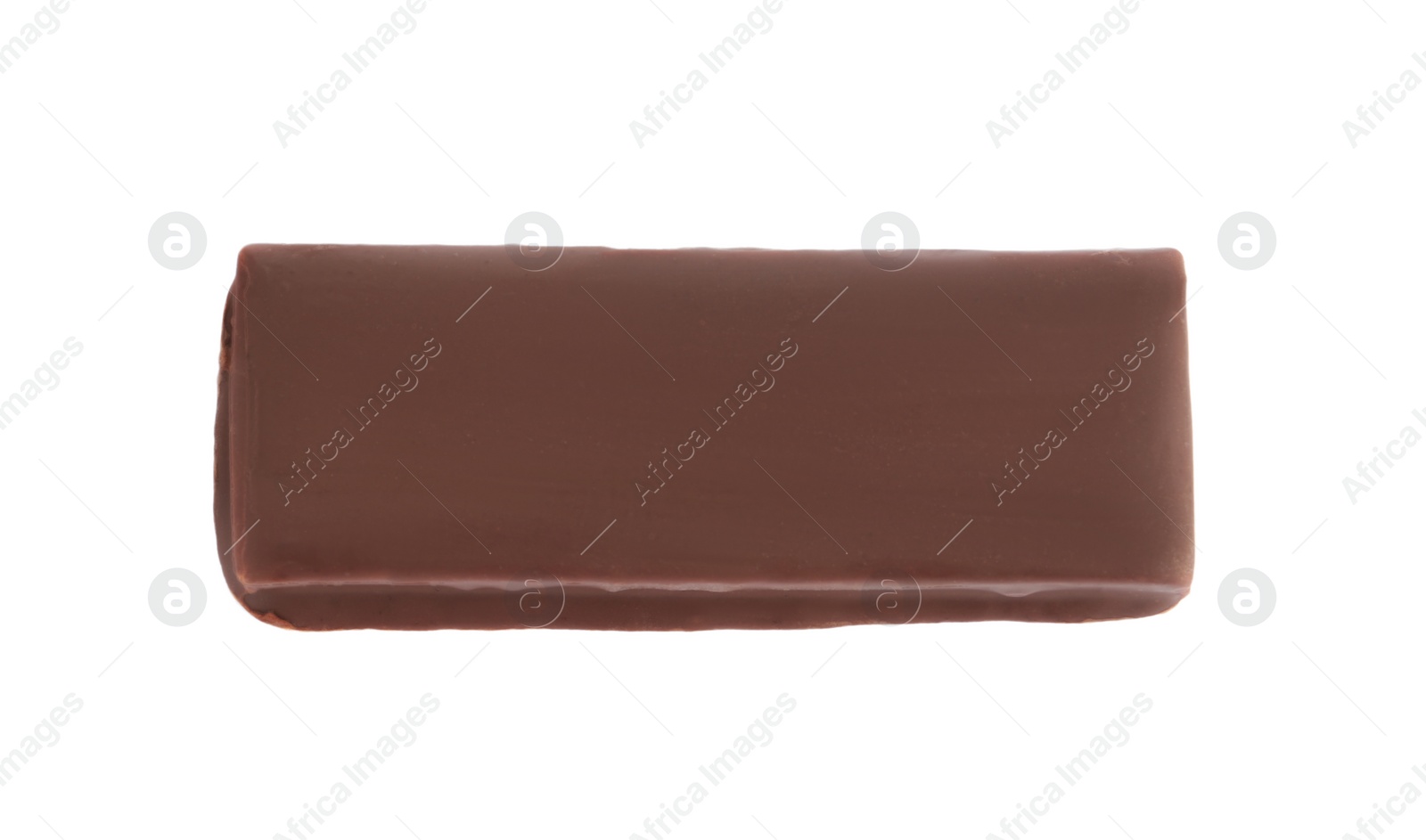 Photo of Tasty chocolate glazed protein bar isolated on white, top view. Healthy snack