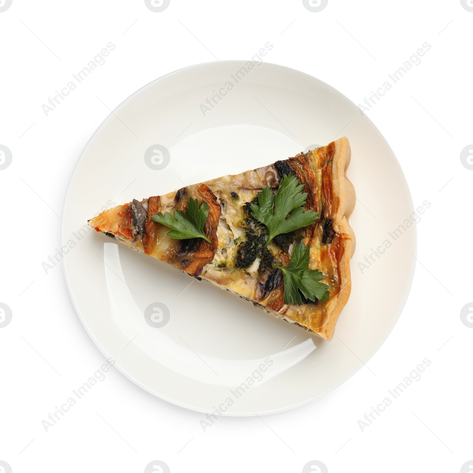 Photo of Piece of delicious quiche with mushrooms isolated on white, top view