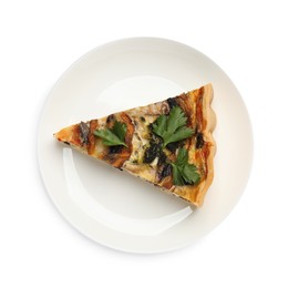 Piece of delicious quiche with mushrooms isolated on white, top view