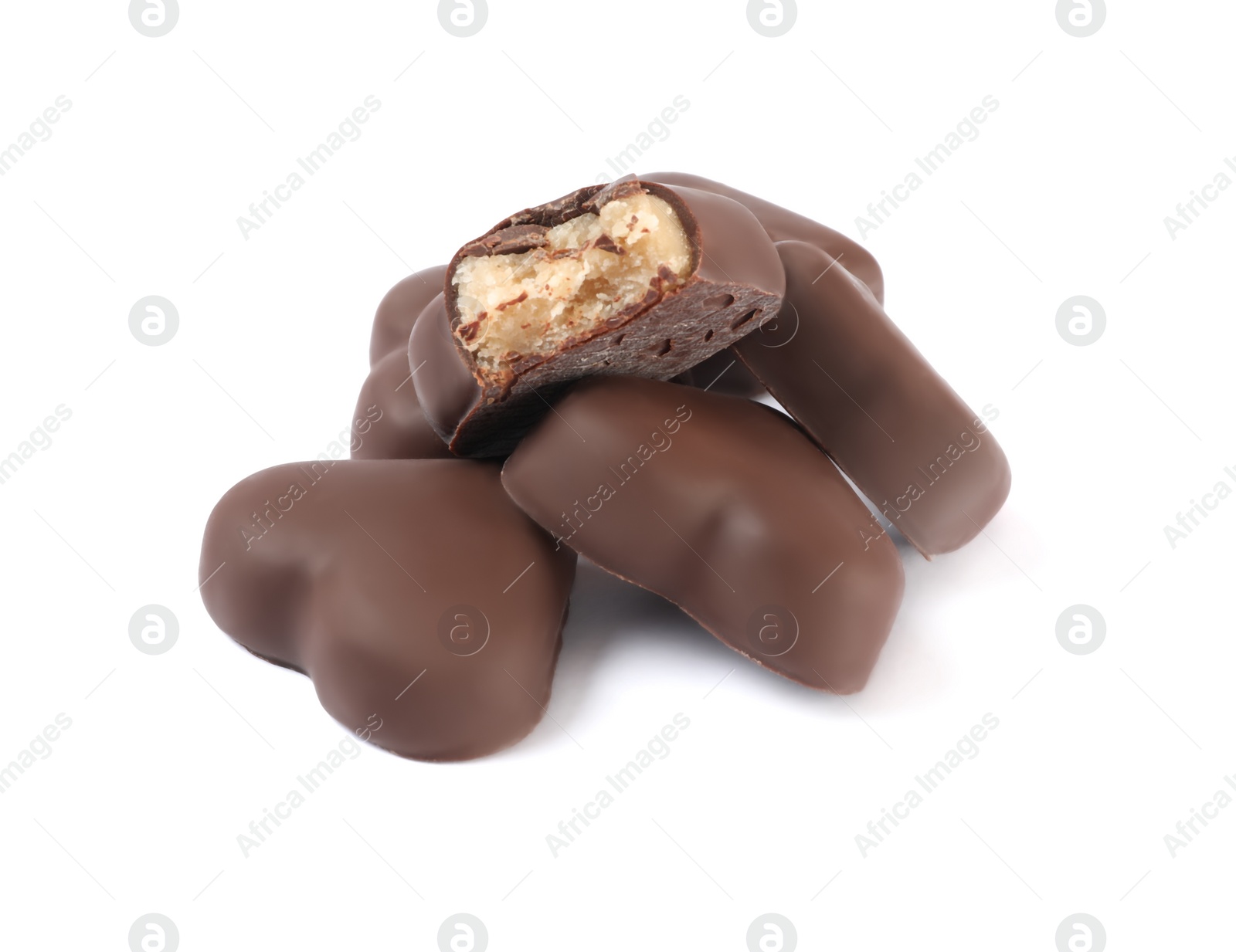 Photo of Beautiful heart shaped chocolate candies on white background