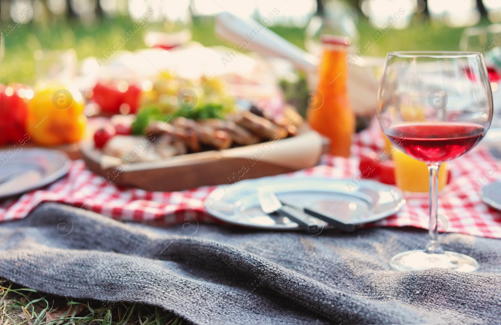 Photo of Blanket with food prepared for summer picnic outdoors