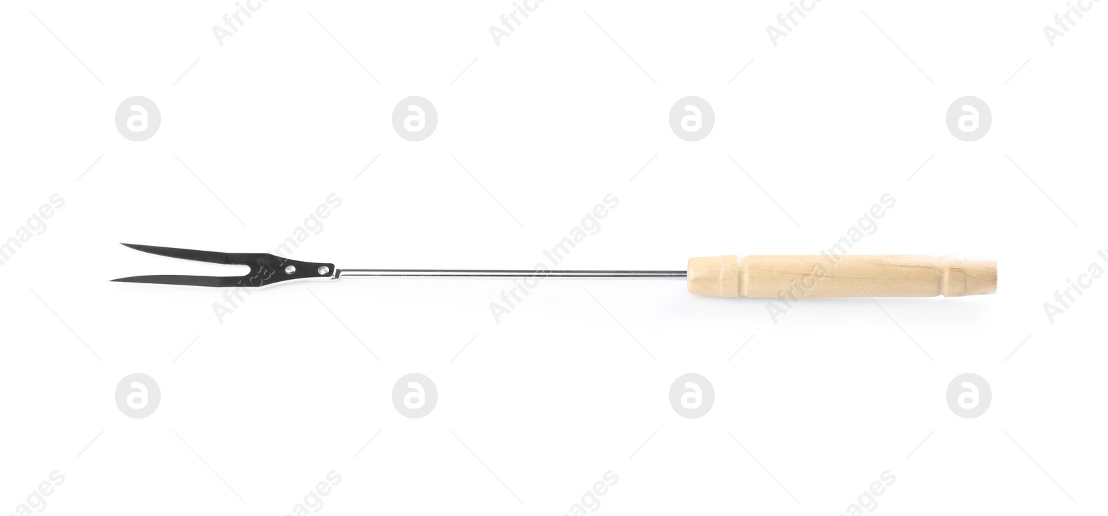 Photo of New barbecue fork with wooden handle on white background