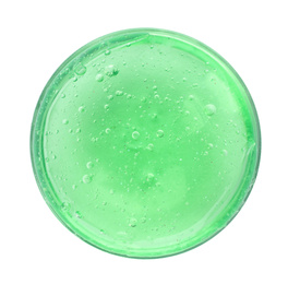 Photo of Green slime in plastic container isolated on white, top view. Antistress toy