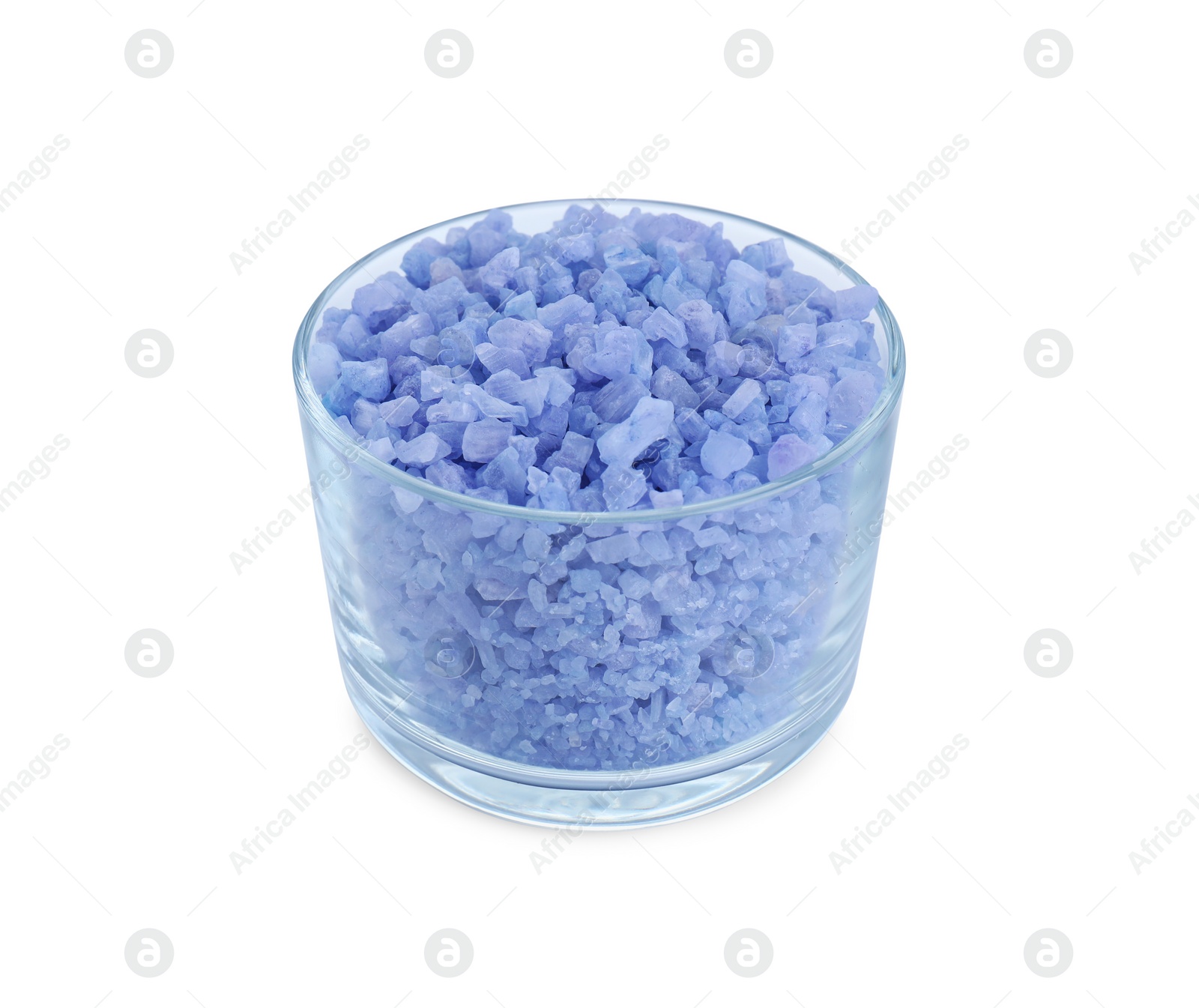 Photo of Glass container of blue sea salt isolated on white