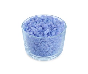 Photo of Glass container of blue sea salt isolated on white