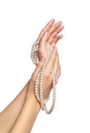 Photo of Woman holding elegant pearl necklace on white background, closeup