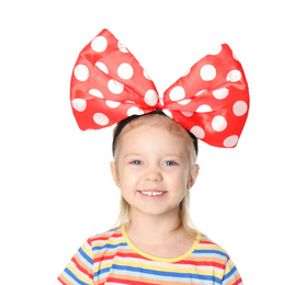 Photo of Little girl with large bow on white background. April fool's day