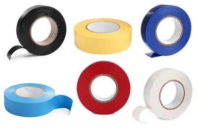 Image of Collage with insulating tapes in different colors on white background