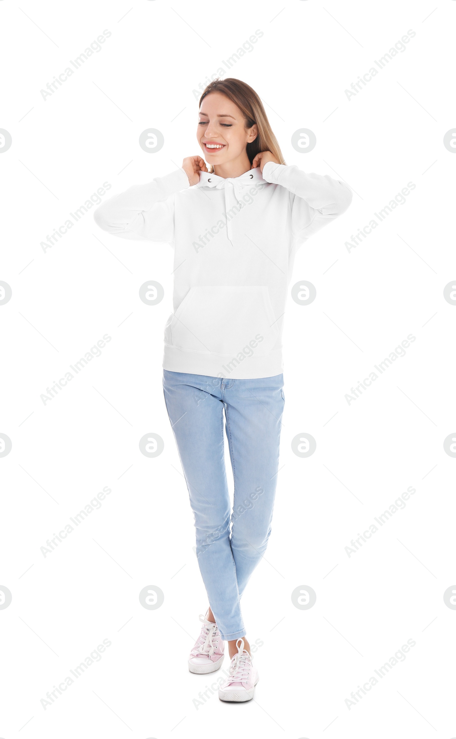 Photo of Full length portrait of woman in hoodie sweater on white background. Space for design