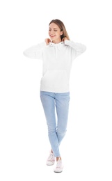 Full length portrait of woman in hoodie sweater on white background. Space for design