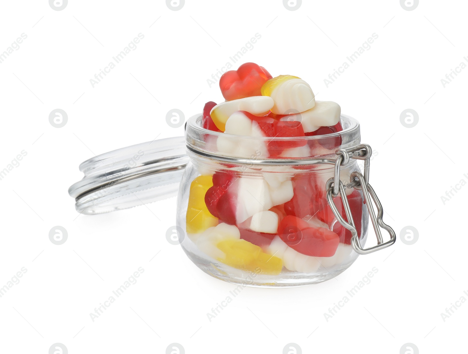 Photo of Jar with jelly candies in shape of ice cream on white background