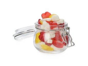 Photo of Jar with jelly candies in shape of ice cream on white background