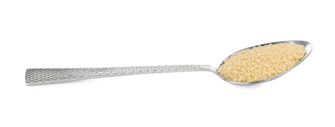 Photo of Spoon with raw couscous on white background