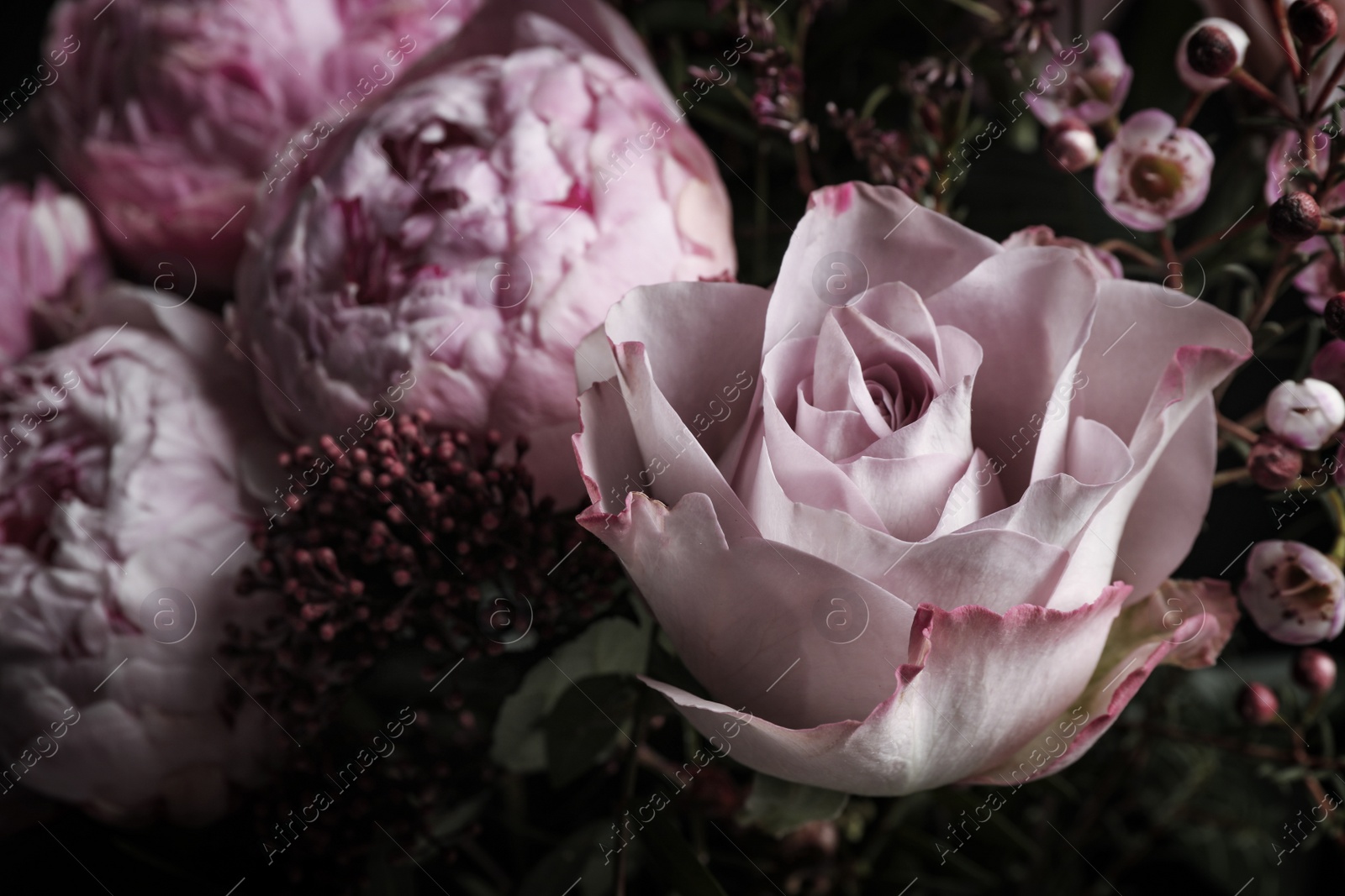 Photo of Beautiful bouquet of different flowers, closeup. Floral card design with dark vintage effect