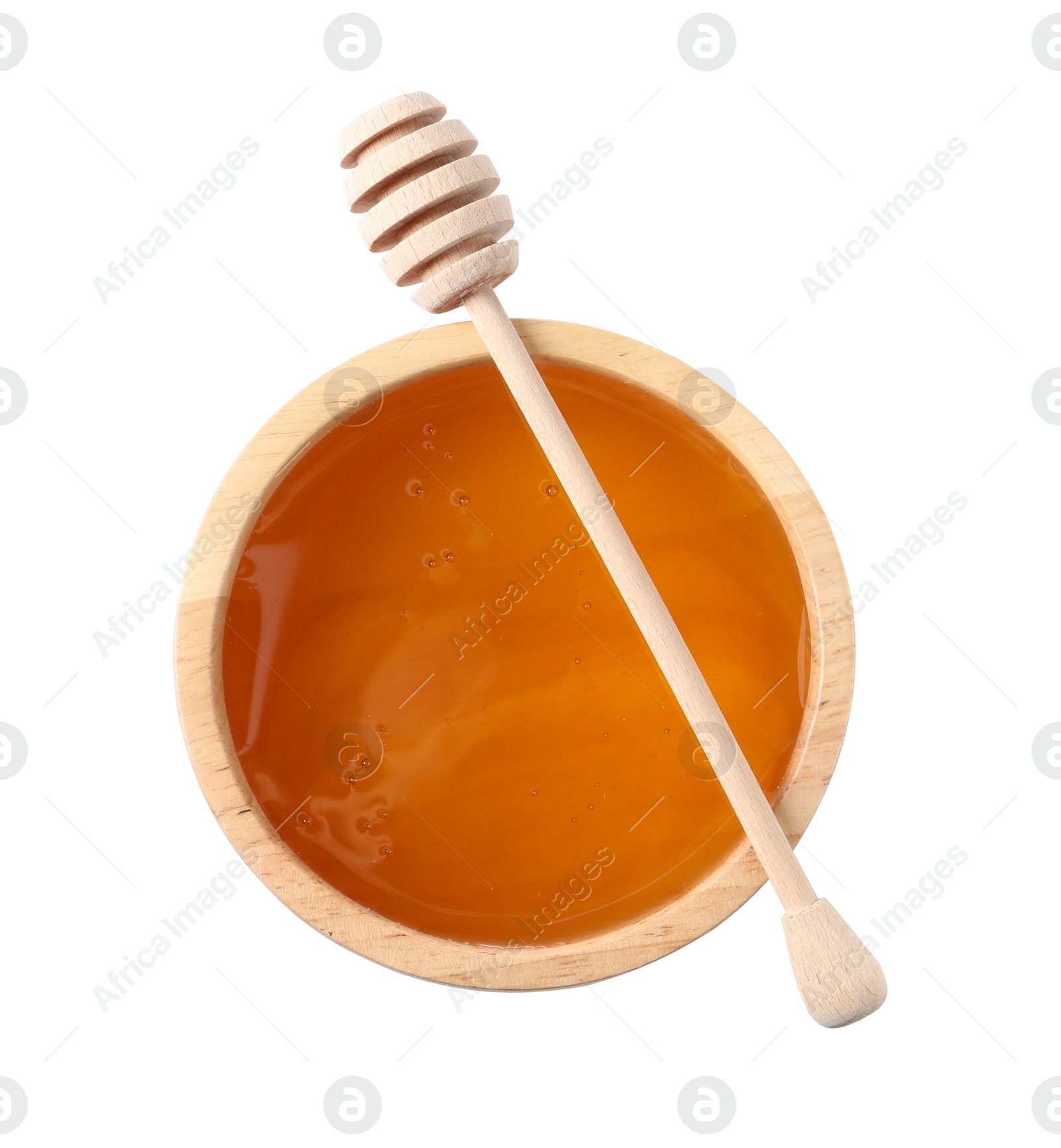 Photo of Tasty honey in bowl and dipper isolated on white, top view