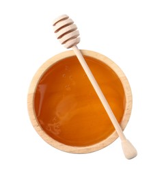 Photo of Tasty honey in bowl and dipper isolated on white, top view