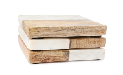 Photo of Stack of stylish cup coasters on white background