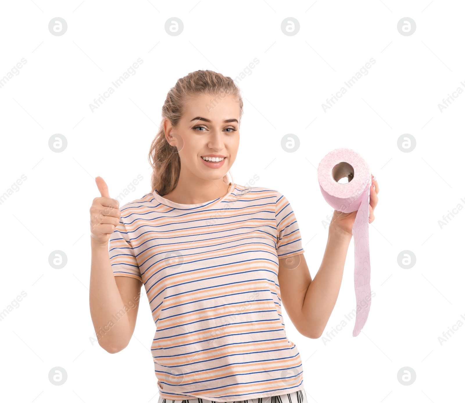 Photo of Beautiful young woman holding toilet paper roll on white background