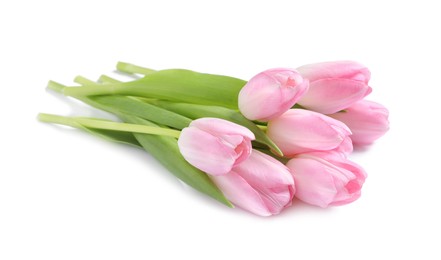Photo of Beautiful pink spring tulips on white background