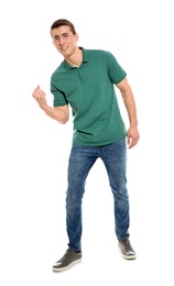 Photo of Full length portrait of young man in stylish clothes on white background