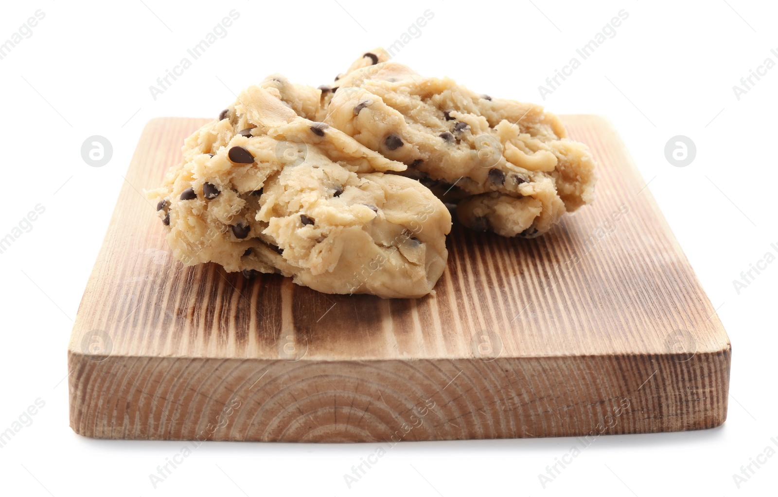 Photo of Cookie dough with chocolate chips and wooden board on white background