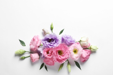 Photo of Flat lay composition with beautiful Eustoma flowers on light background