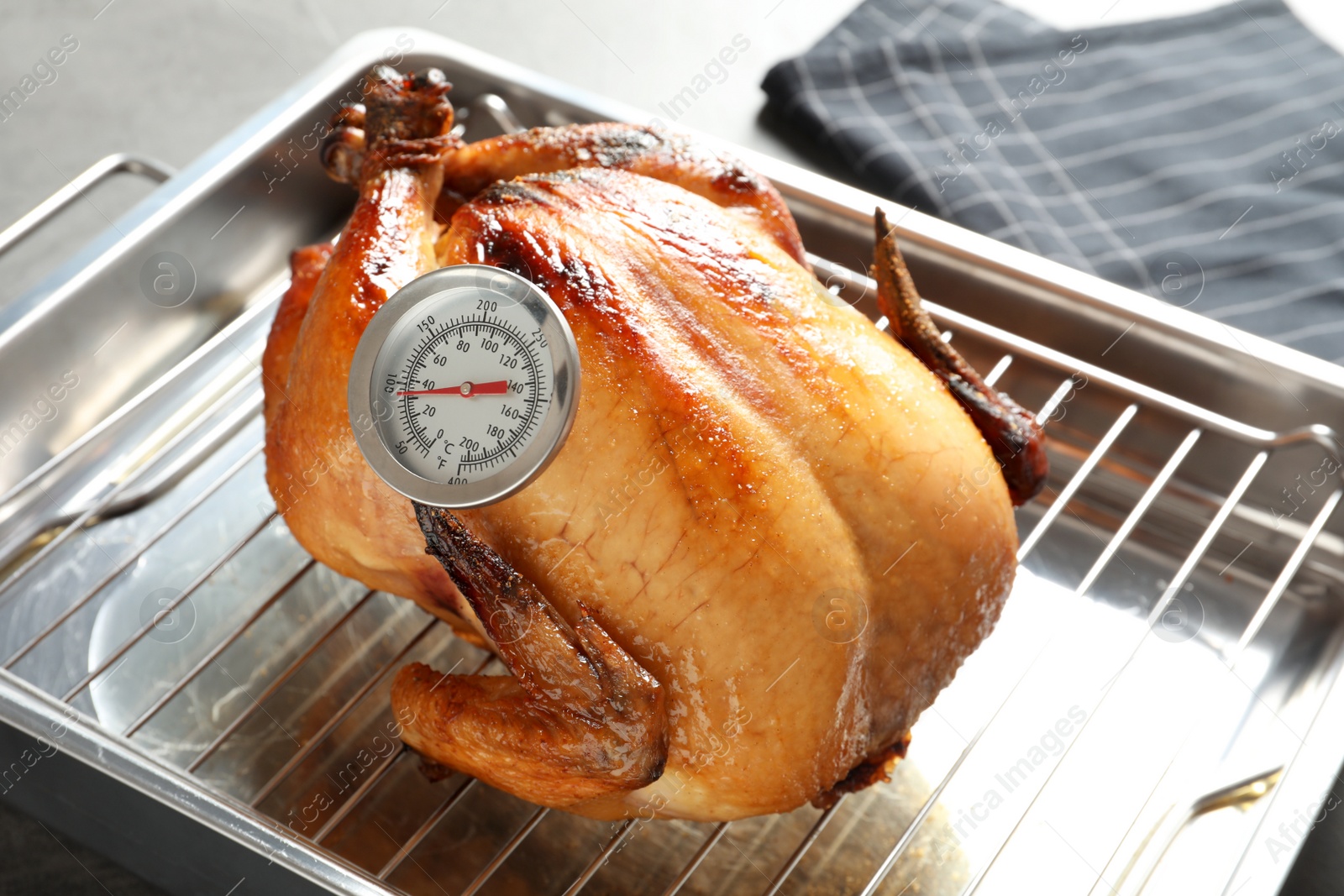 Photo of Roasted turkey with meat thermometer on baking rack