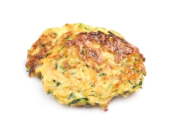 Photo of Two delicious zucchini fritters on white background