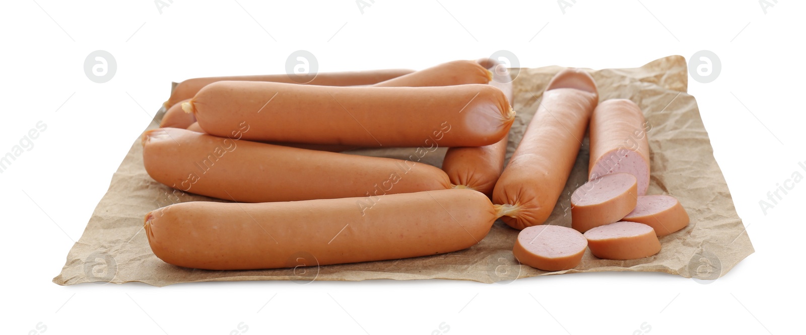 Photo of Tasty sausages on white background. Meat product