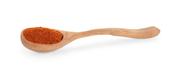 Photo of Wooden spoon with aromatic paprika powder isolated on white