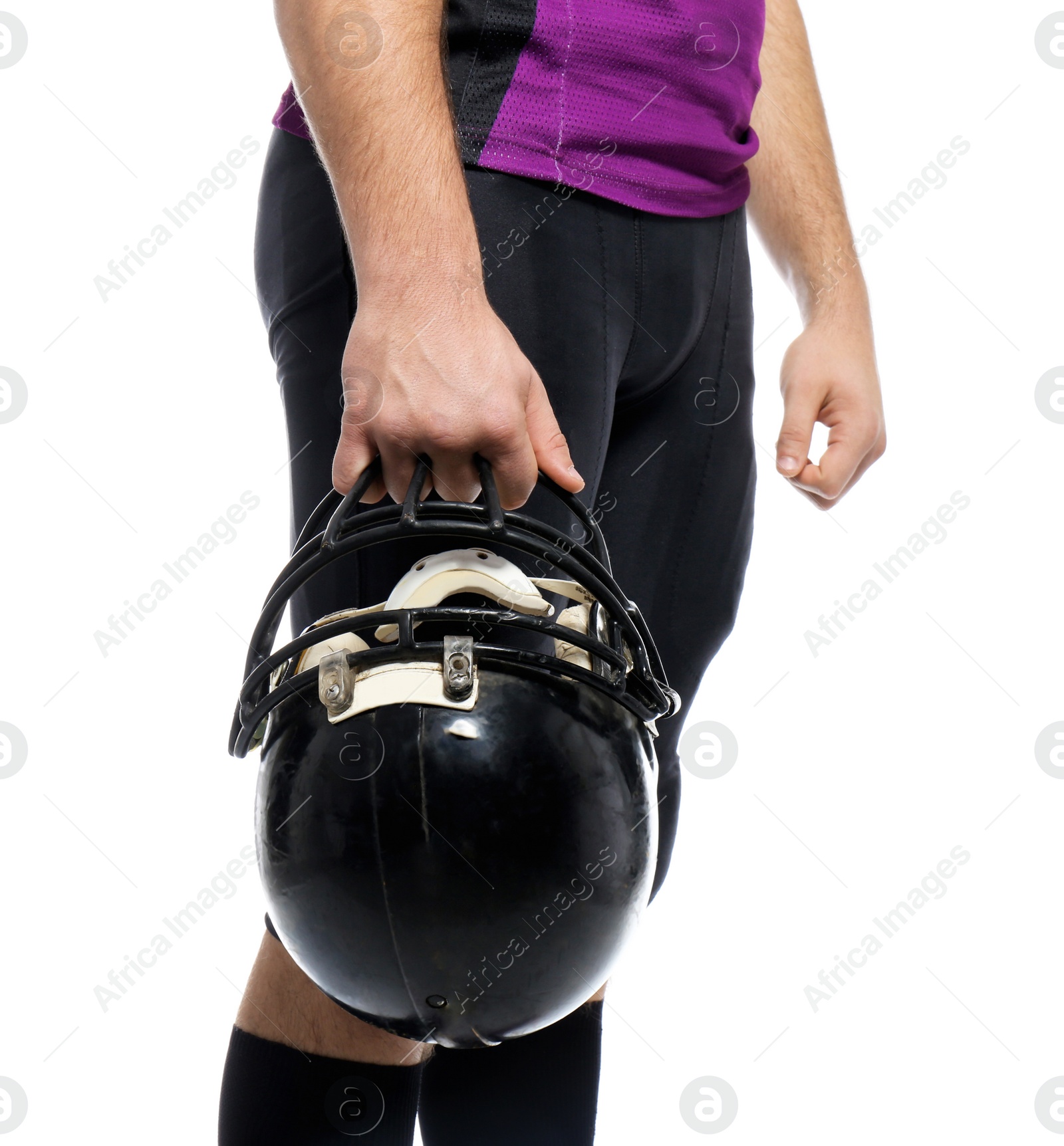 Photo of American football player with helmet wearing uniform on white background, closeup