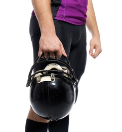 Photo of American football player with helmet wearing uniform on white background, closeup