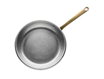 Photo of New metal frying pan isolated on white