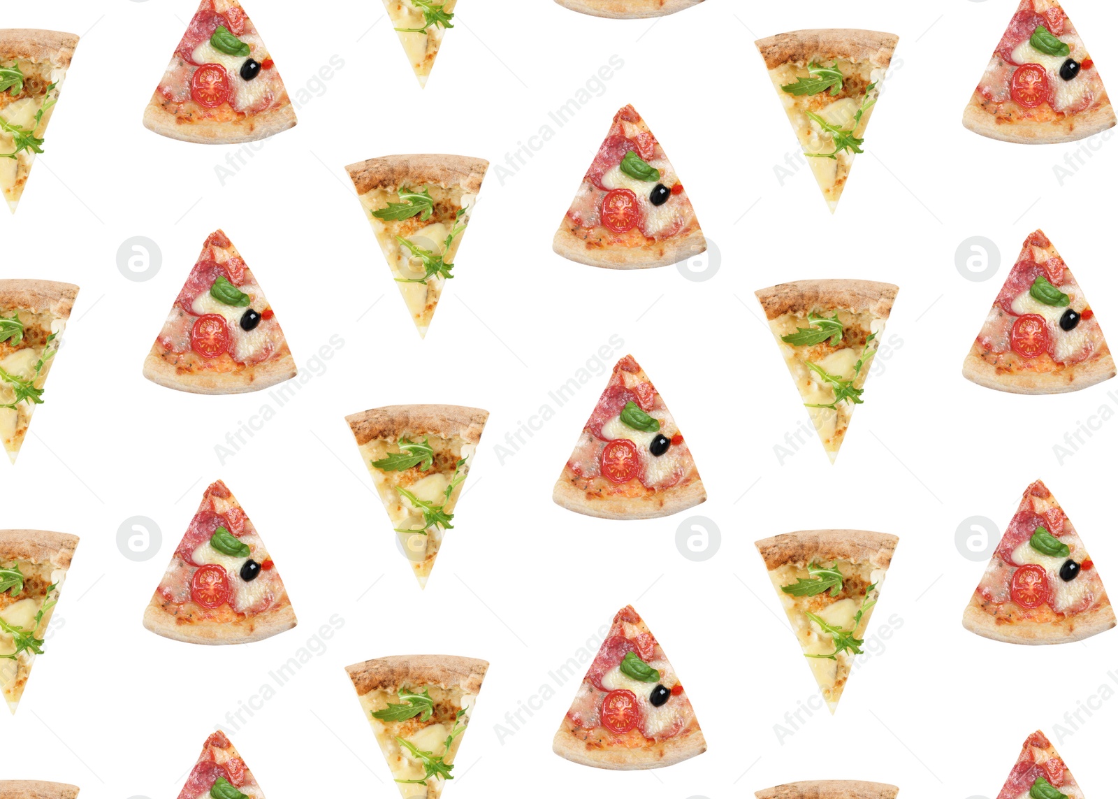 Image of Set with slices of different pizzas on white background, top view
