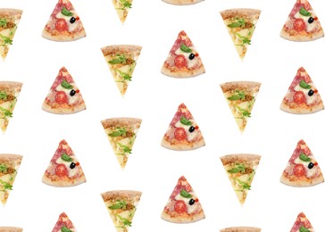 Set with slices of different pizzas on white background, top view