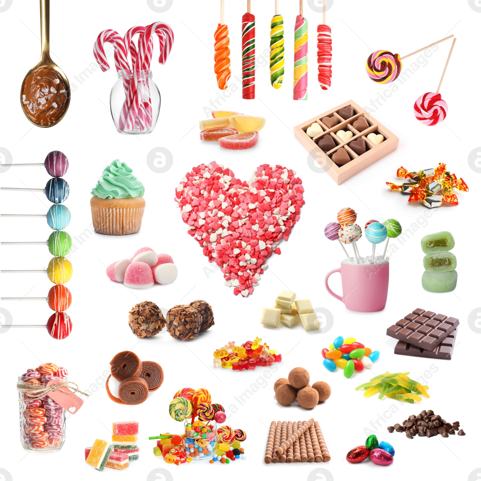 Image of Collection of different delicious confectionery on white background