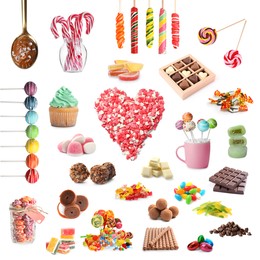 Collection of different delicious confectionery on white background