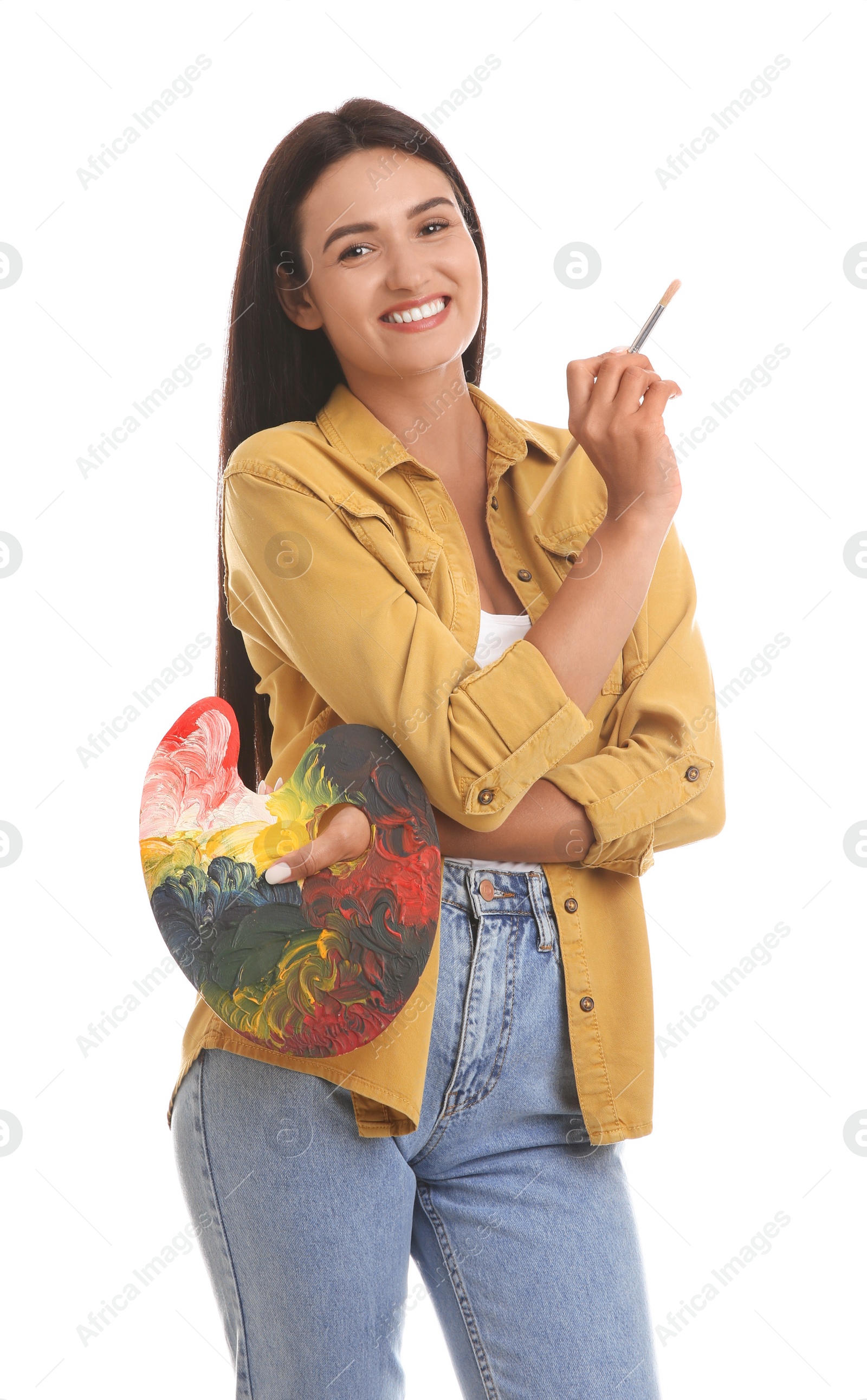 Photo of Young woman with drawing tools on white background