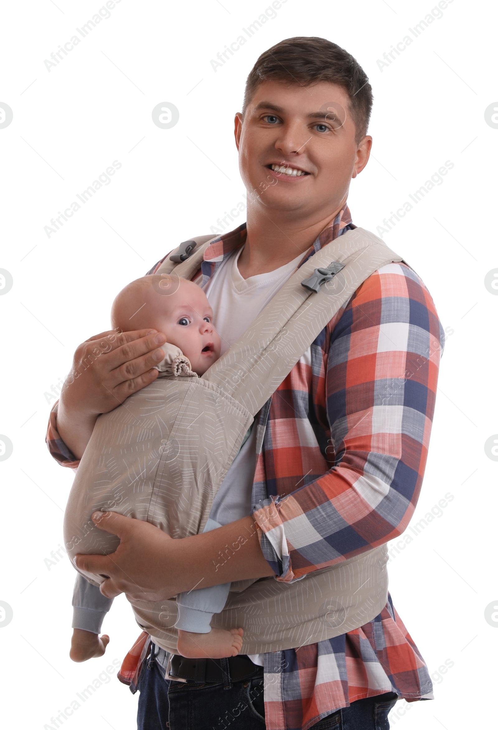 Photo of Father holding his child in baby carrier on white background