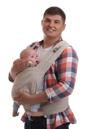 Photo of Father holding his child in baby carrier on white background