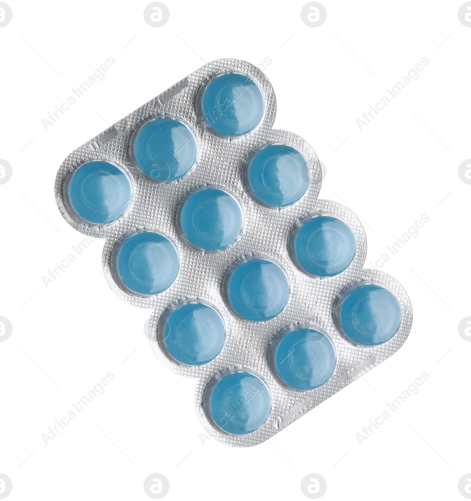 Photo of Blister with blue cough drops isolated on white