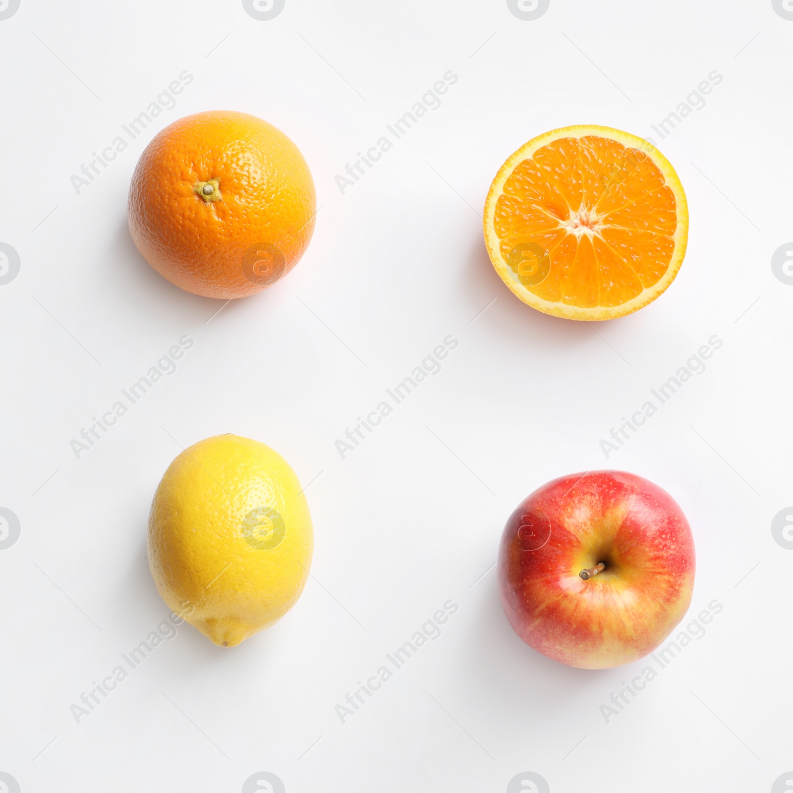 Photo of Fresh fruits on white background, top view